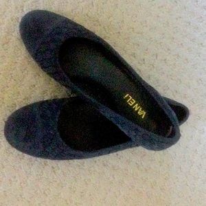 Navy blue, woven suede flats.
